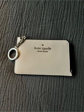 kate spade Neutral Beige Saffiano Leather Zip Key Card Holder